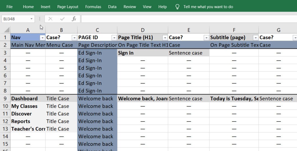 Spreadsheet section shows notes taken on capitalization usage on main navigation menu, titles, and subtitles.