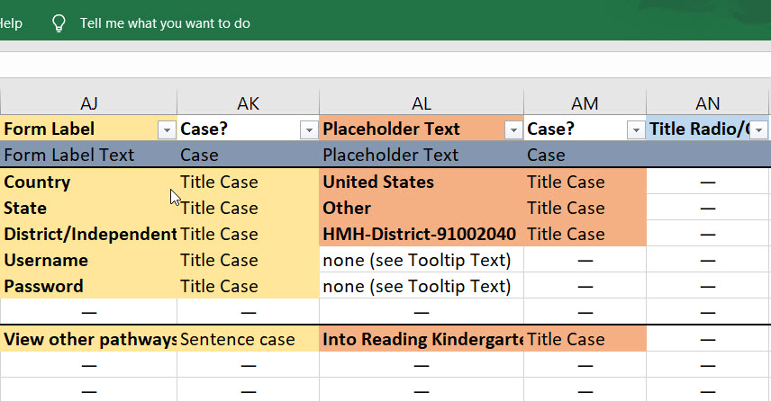 Spreadsheet section shows notes taken on capitalization usage on form labels, placeholder text and radio buttons.