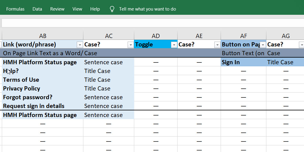 Spreadsheet section shows capitalization usage notes on links, toggles, and buttons.
