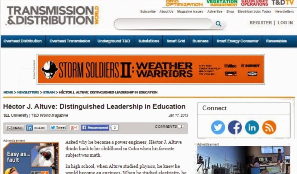 Tear sheet of Hector J Altuve profile article in Transmission and Distribution World