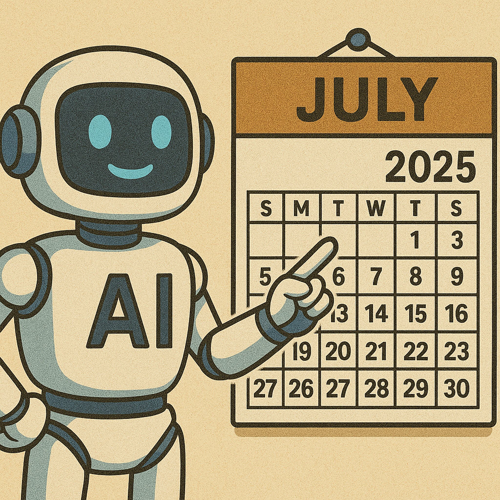 AI robot points at a wall calendar for July 2025