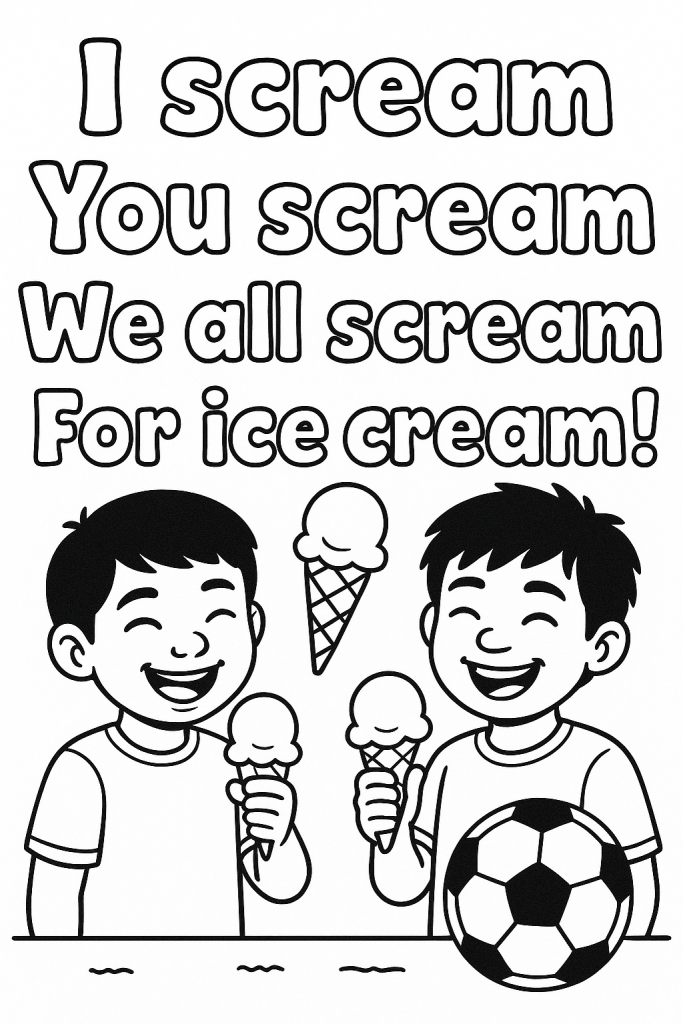 Two boys enjoy ice cream with a soccer ball.