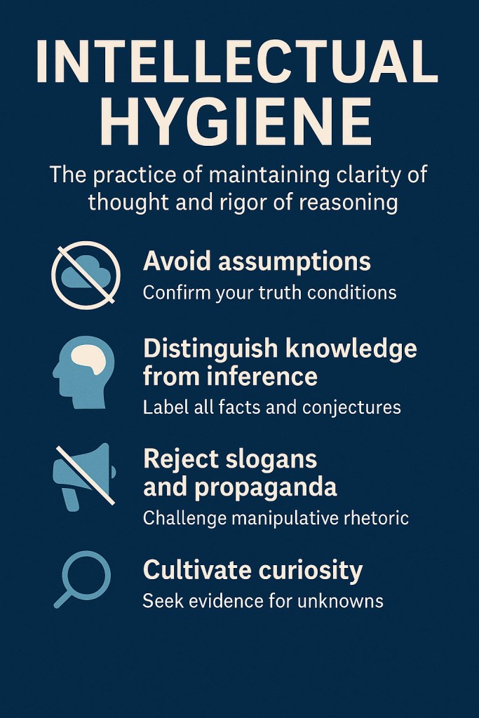 Intellectual Hygiene: Avoid assumptions, Distinguish knowledge from inference, reject slogans and propaganda, cultivate curiosity