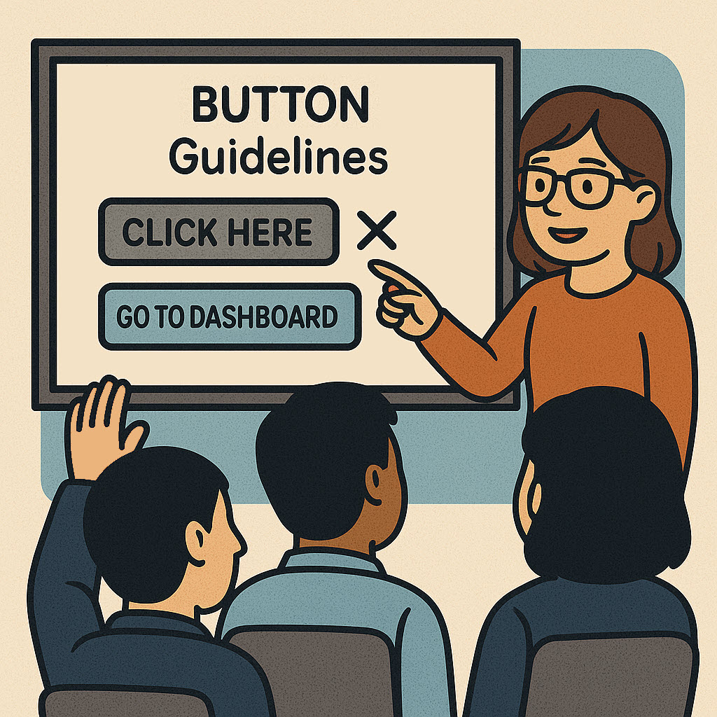 A presenter answers questions from the audience on button text guidelines.