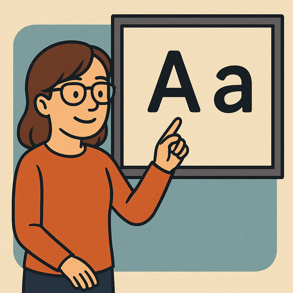An instructor points to a capital A.