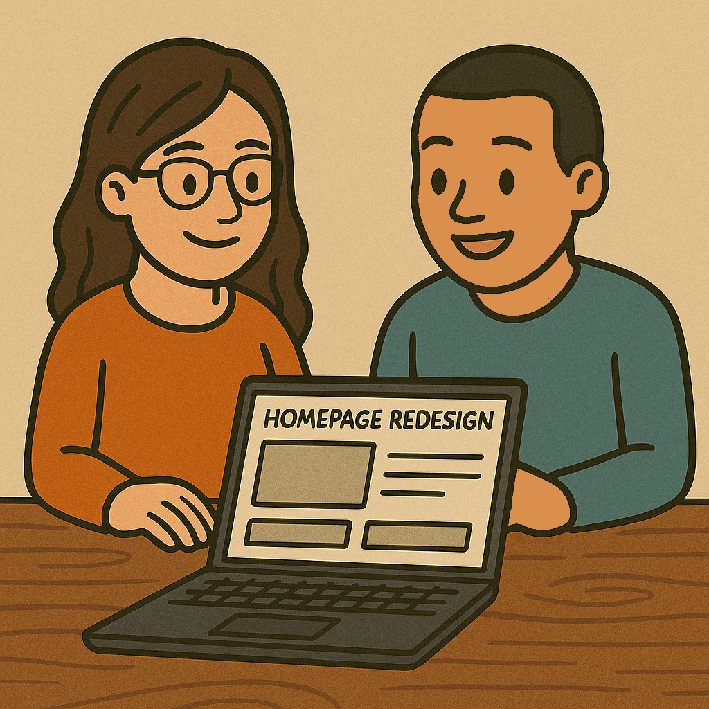 Two people work together to redesign the homepage.