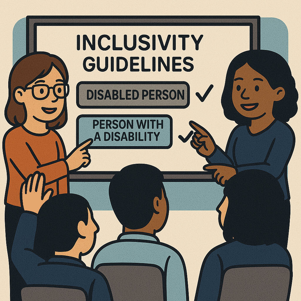 Two presenters answer questions about Inclusivity guideines.