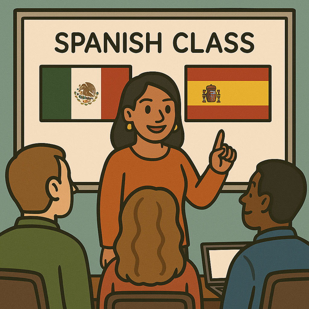 A teacher is giving a Spanish class to adult learners.