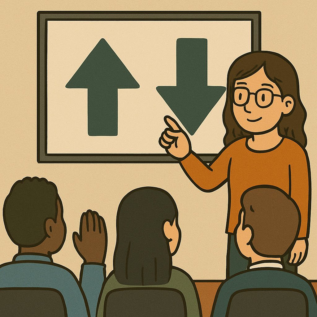 A meeting room where people are discussing up and down arrow usage.